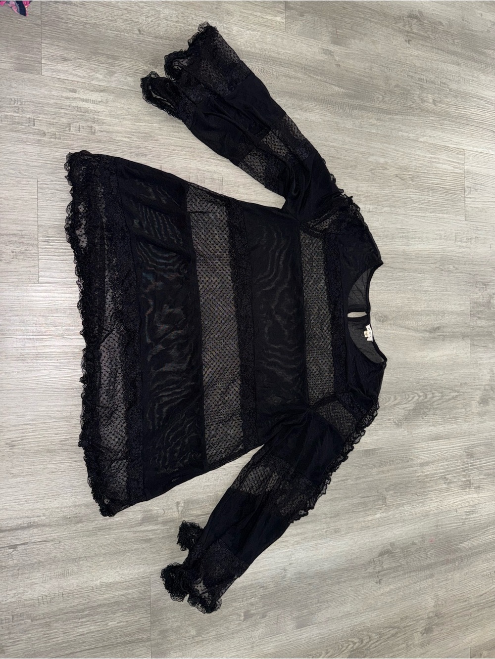 POL Black Sheer Lace Stripe Long Sleeve Top